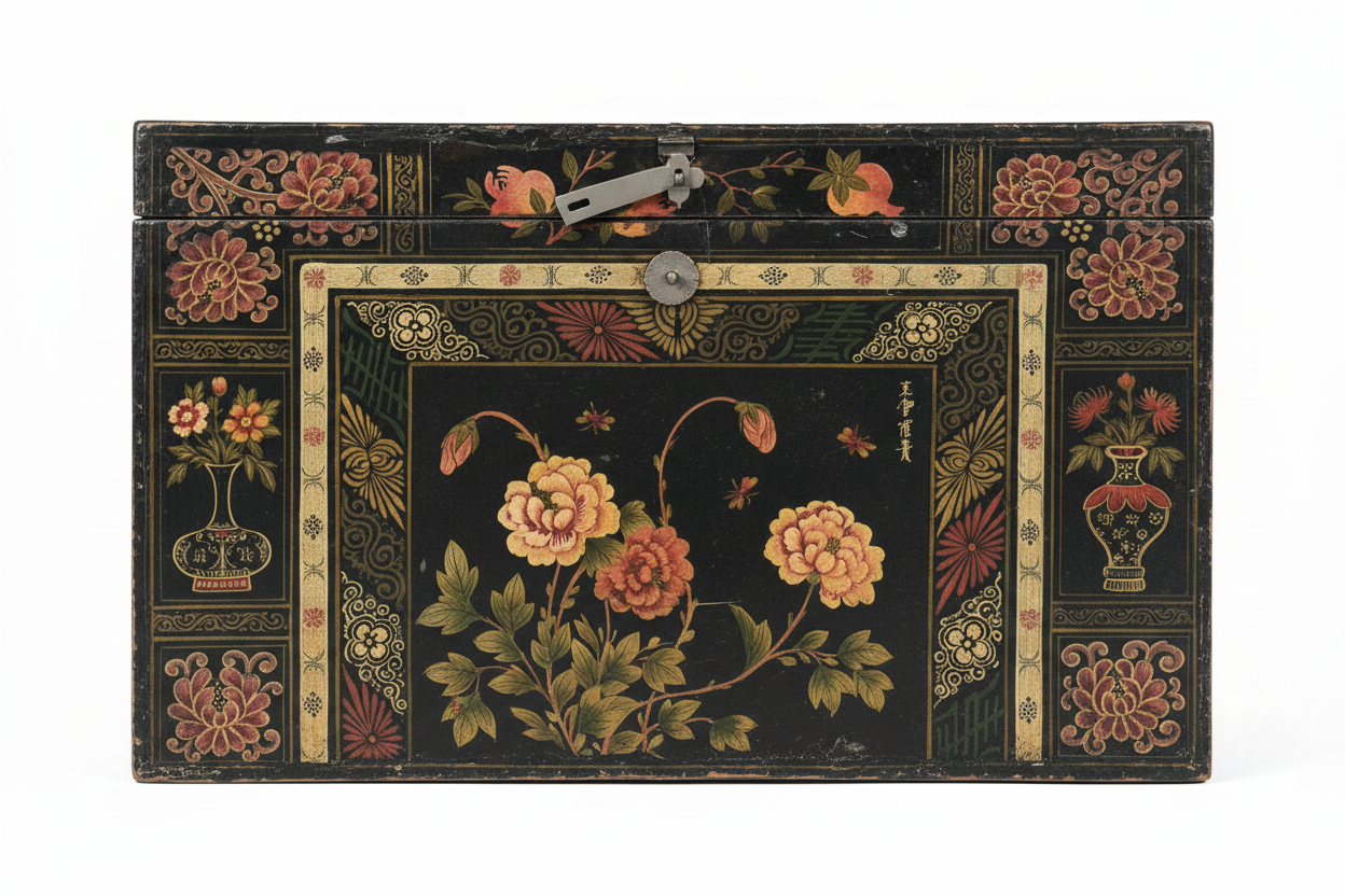 Antique Chinese painted lacquer trunk with peonies and butterflies