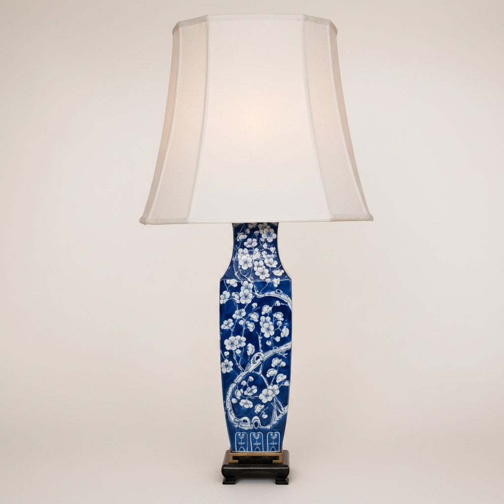 Grand vintage blue and white prunus blossom ceramic table lamp