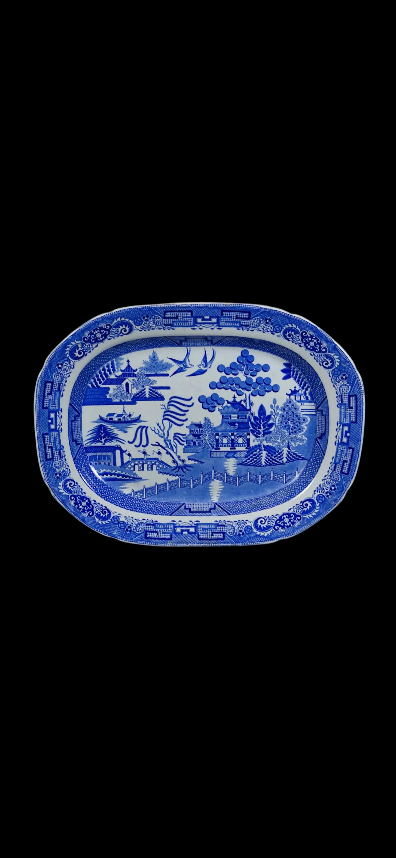 Antique 19th century English Blue Willow transferware oval platter