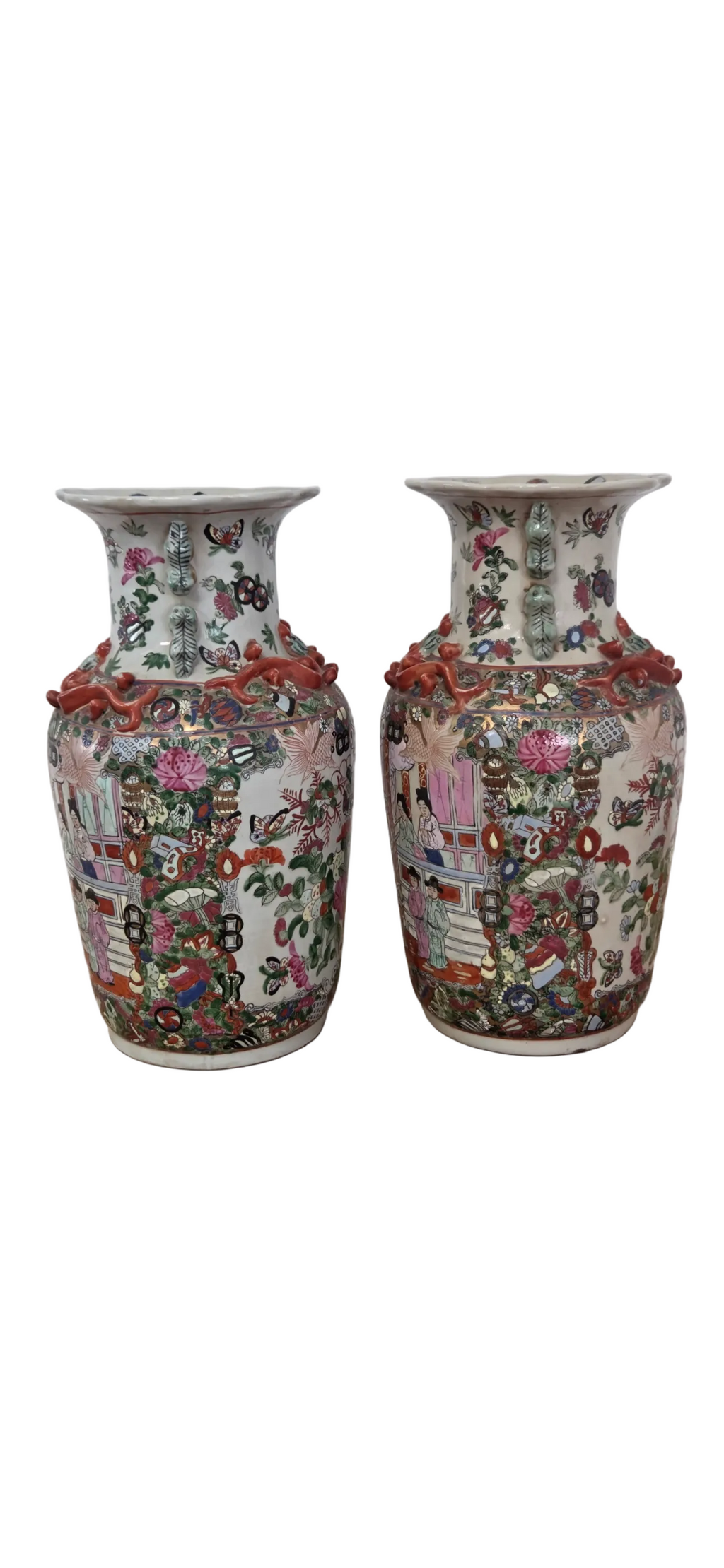 Pair of Vintage Chinese Famille Rose Medallion Baluster Vases – 14.5"