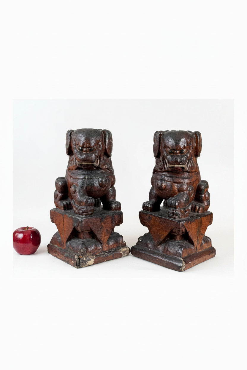 Pair of Antique Chinese Lacquered Wood Guardian Lions (Foo Dogs) - 16"