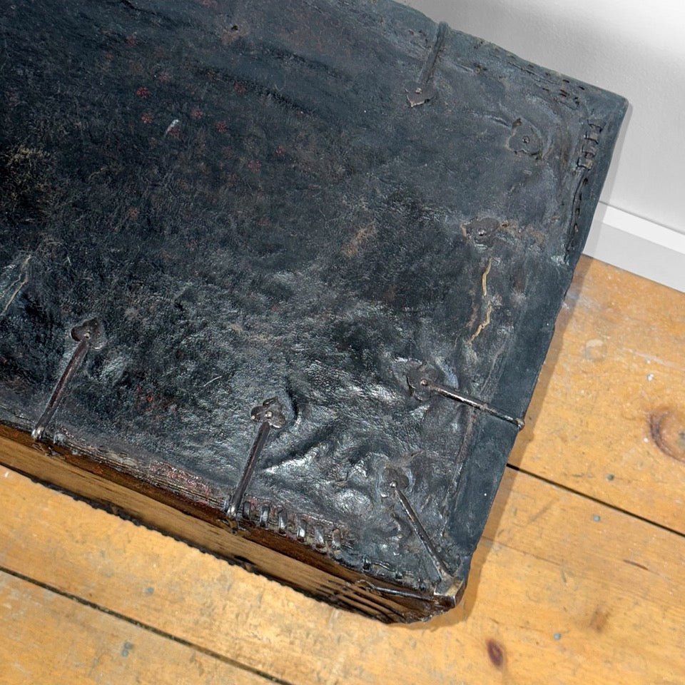 19th Century Tibetan Painted Leather-Clad Trunk with Iron Fittings
