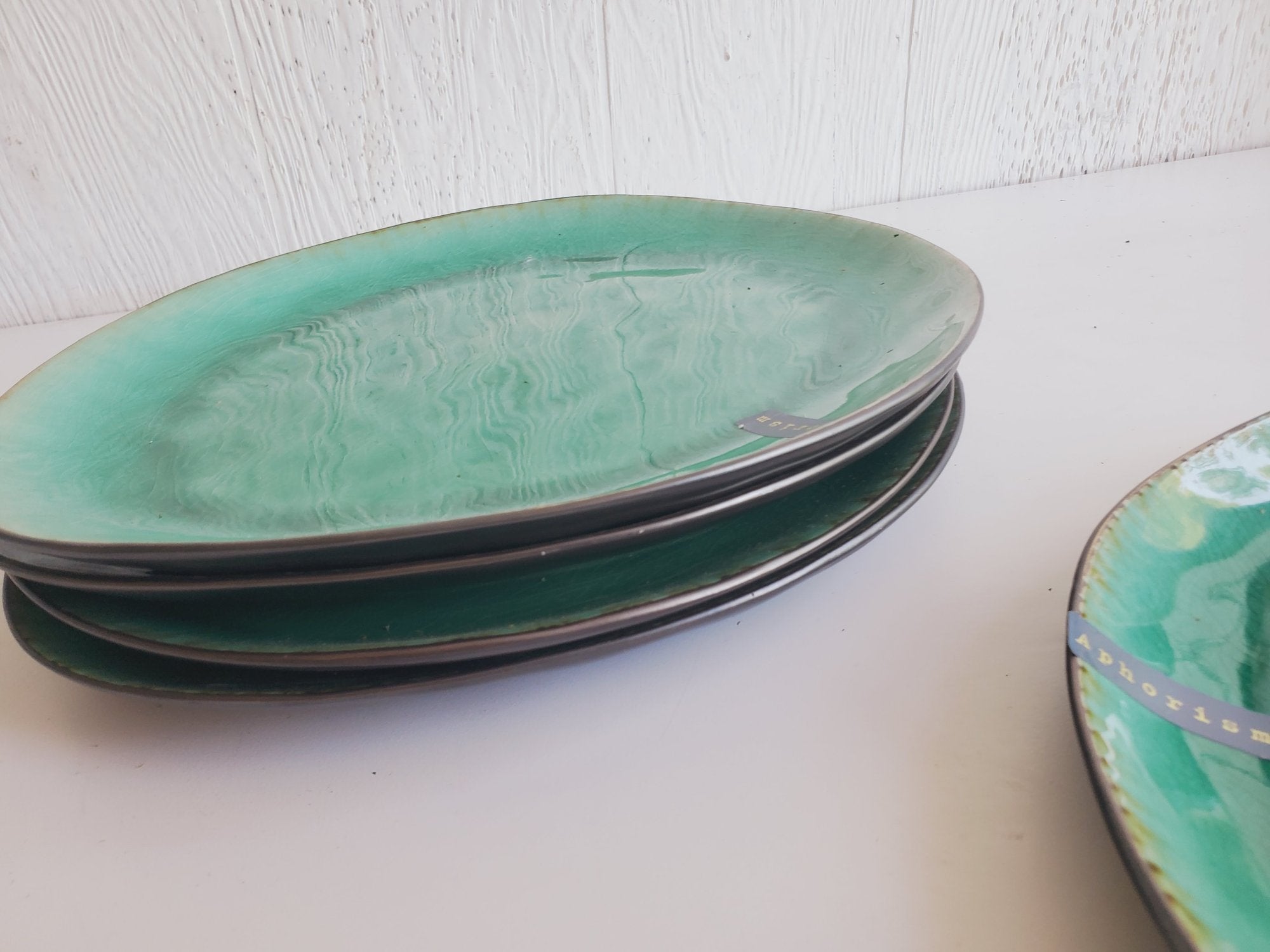 Modern Wabi-Sabi Aqua Crackle Irregular Oval Dinner Plates - Set of 5