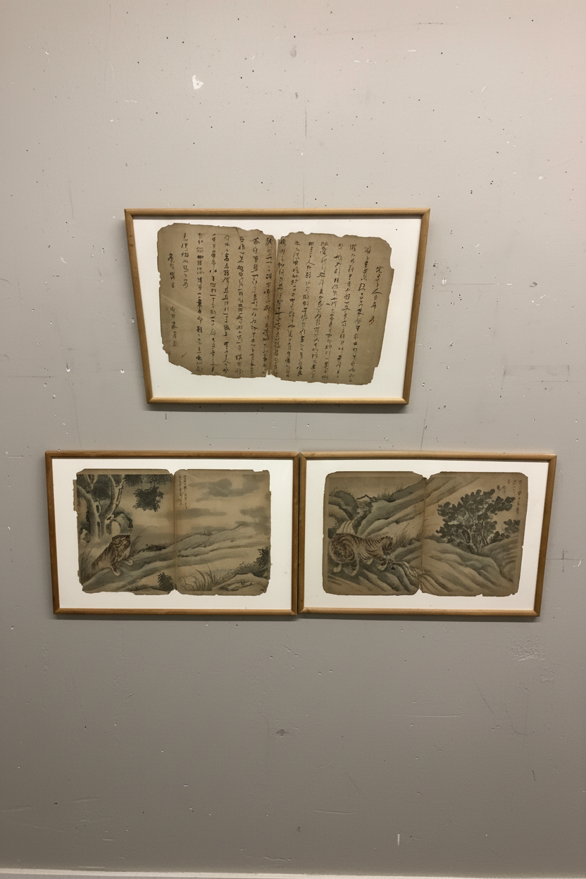 18th C. Chinese Ink & Wash Album Leaves – Tigers in Mountain Landscapes (Set of 3 Framed)