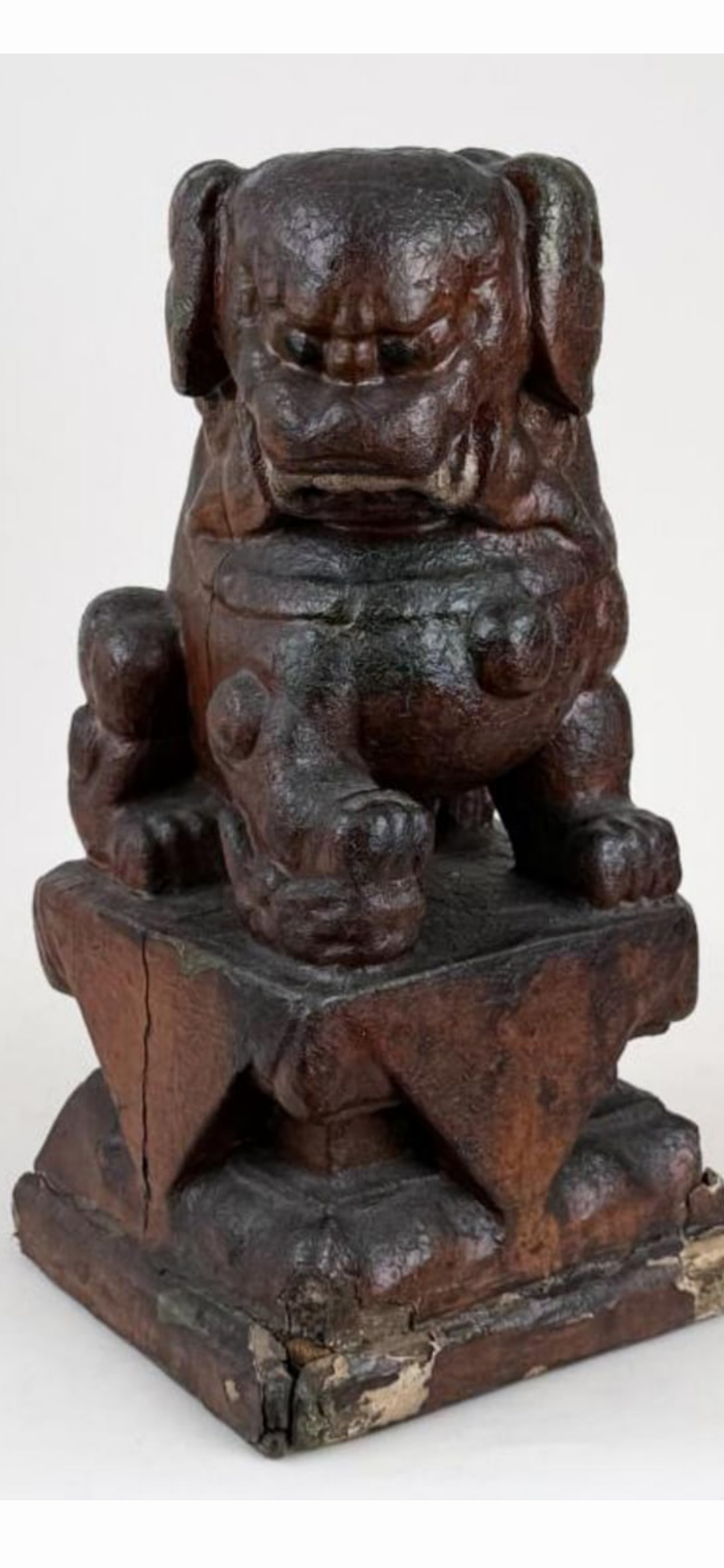 Pair of Antique Chinese Lacquered Wood Guardian Lions (Foo Dogs) - 16"