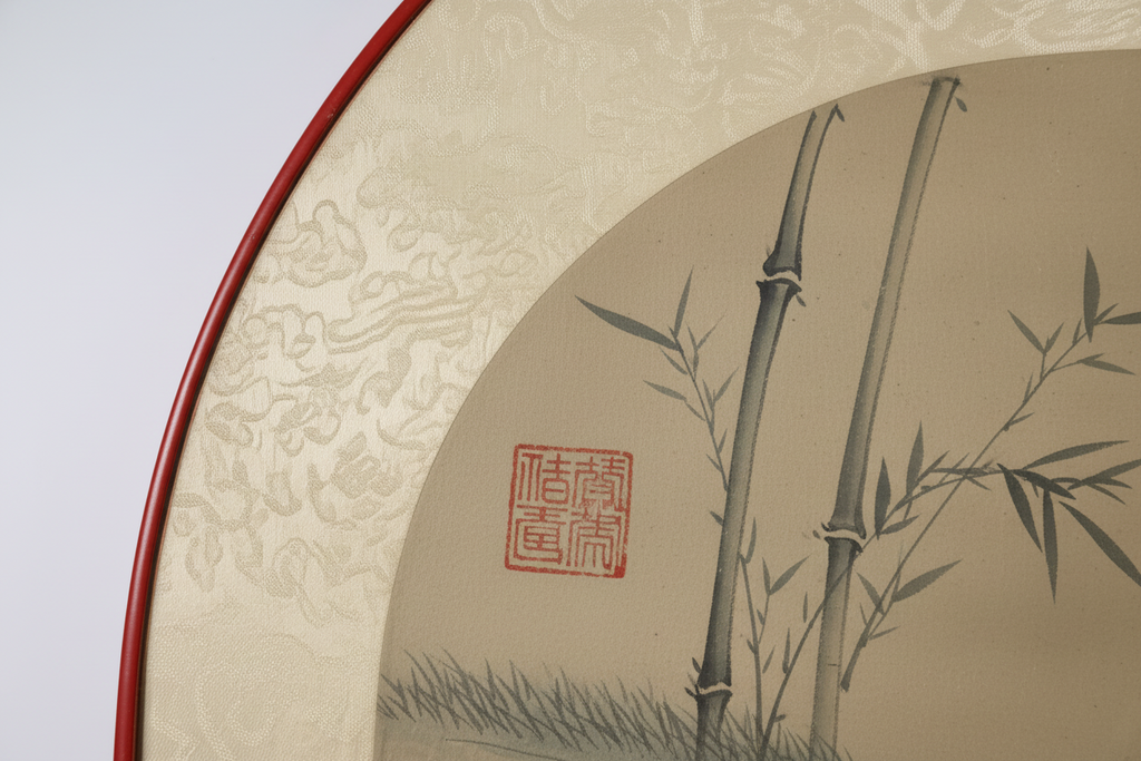 Pair of Framed Chinese Silk Roundel Paintings – Red-Crowned Cranes & Botanical Motif (Set of 2)