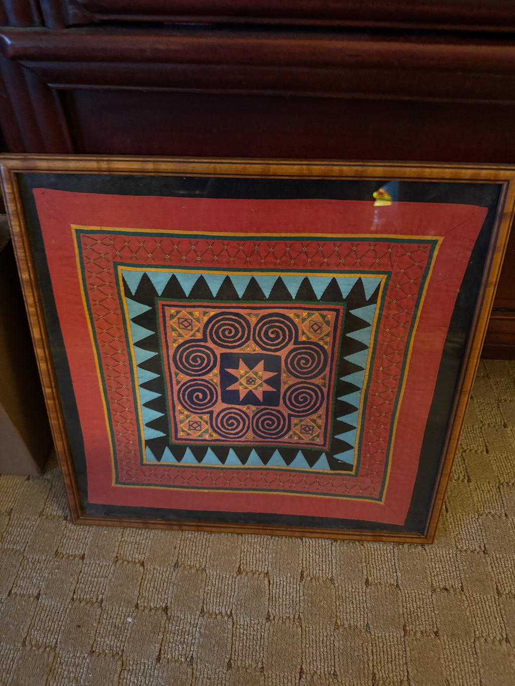 Vintage Framed Hmong (Miao) Hand-Embroidered Paj Ntaub Textile (19" x 19")