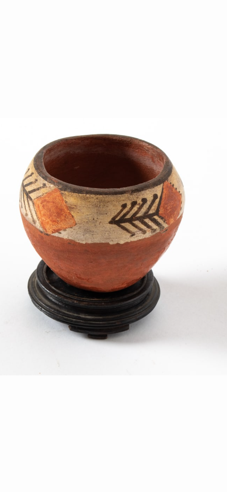Small Southwestern Polychrome Terracotta Vessel with Wood Stand