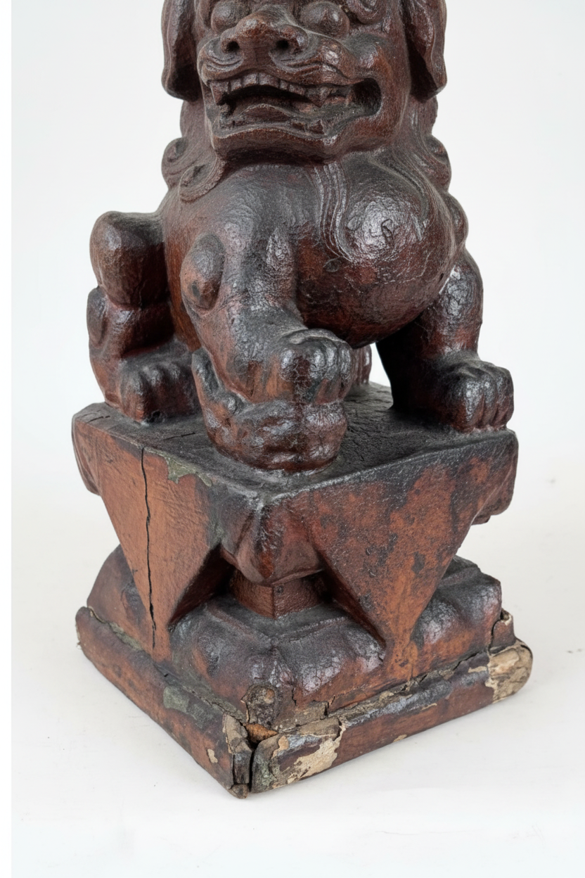 Pair of Antique Chinese Lacquered Wood Guardian Lions (Foo Dogs) - 16"