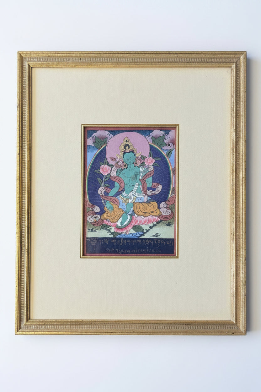 Framed Pair of Antique Tibetan Buddhist Illuminated Manuscript Leaves – Green Tara & Palden Lhamo
