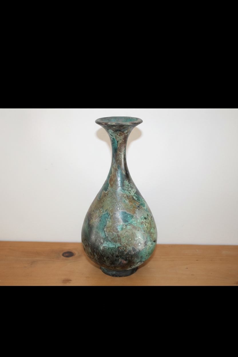 Japanese Studio Pottery Bottle Vase – Verdigris Metallic Glaze & Stamped Seal Mark (8.25")