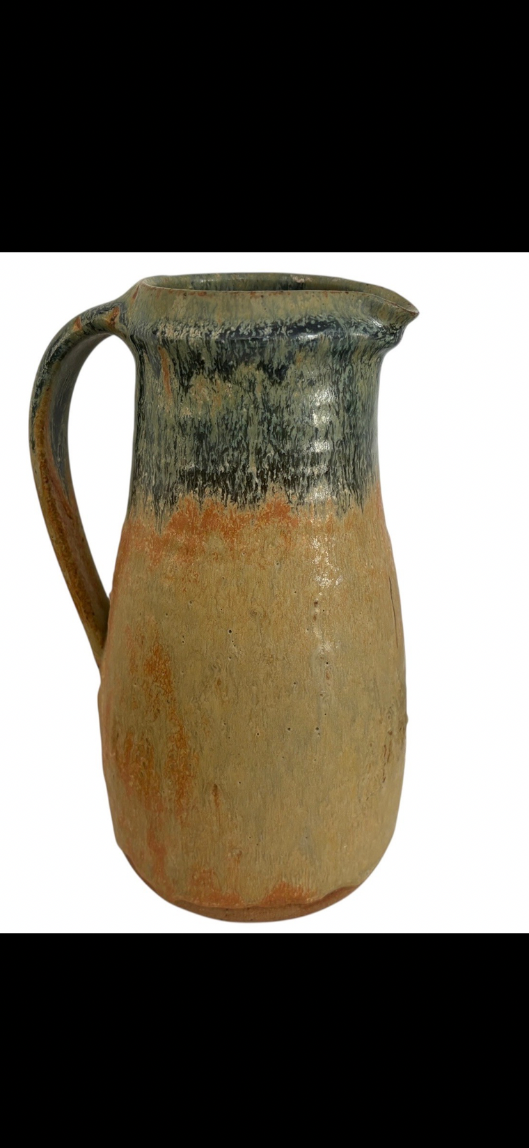 Large Signed Studio Pottery Pitcher with Blue-Green Drip Glaze, 20th Century