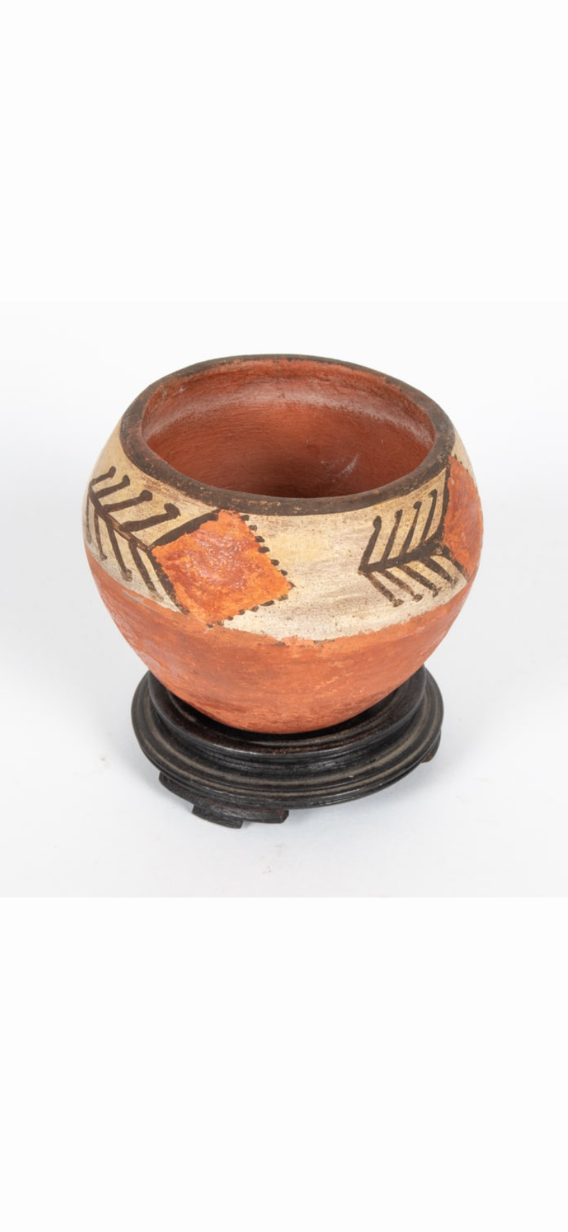 Small Southwestern Polychrome Terracotta Vessel with Wood Stand