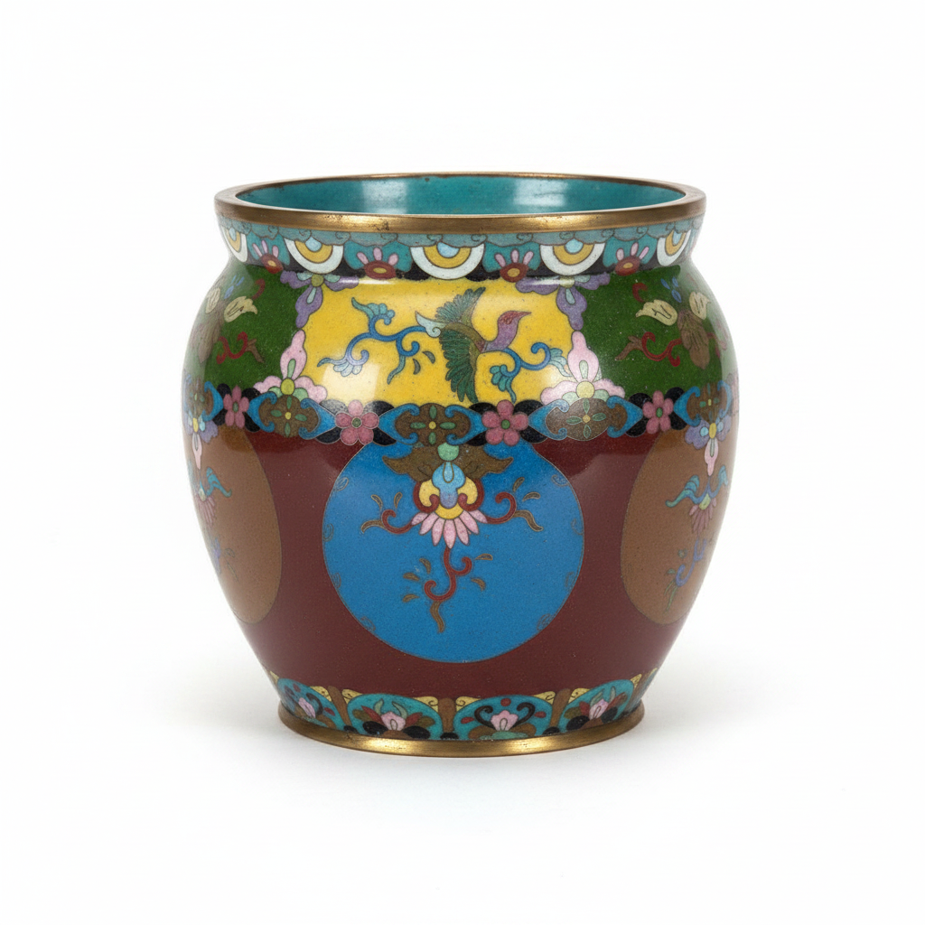 Vintage Chinese Cloisonné Enamel Cachepot | Polychrome Floral & Crane Planter, 6.5"