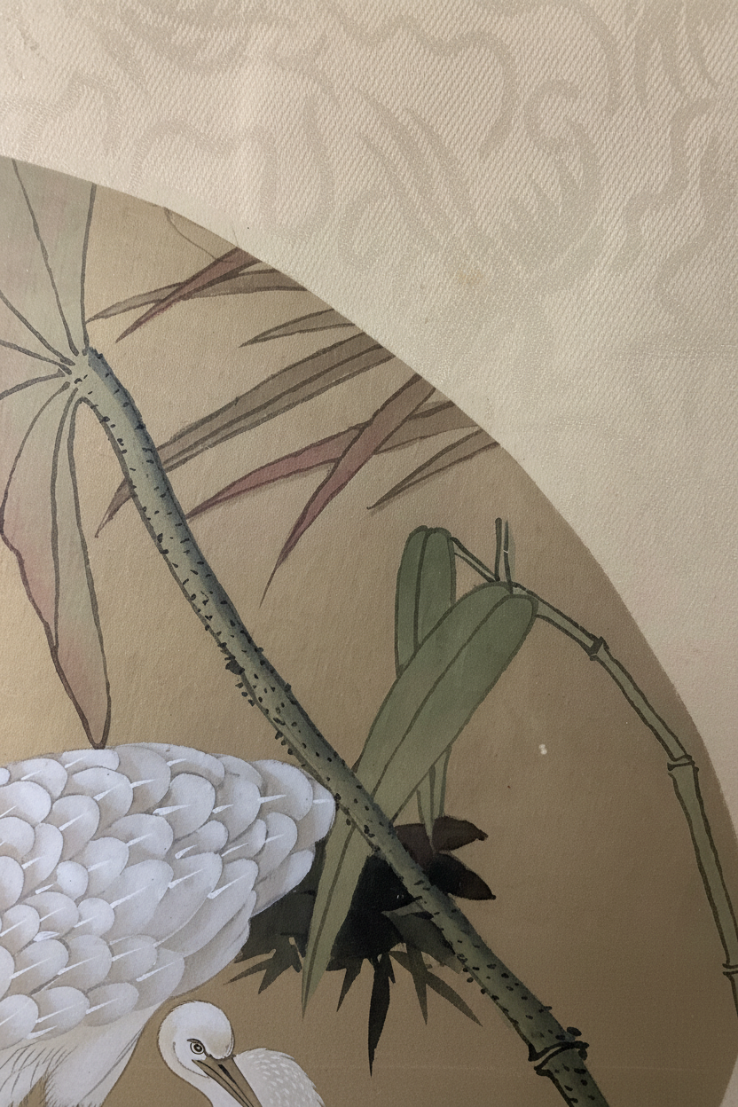 Pair of Framed Chinese Silk Roundel Paintings – Red-Crowned Cranes & Botanical Motif (Set of 2)