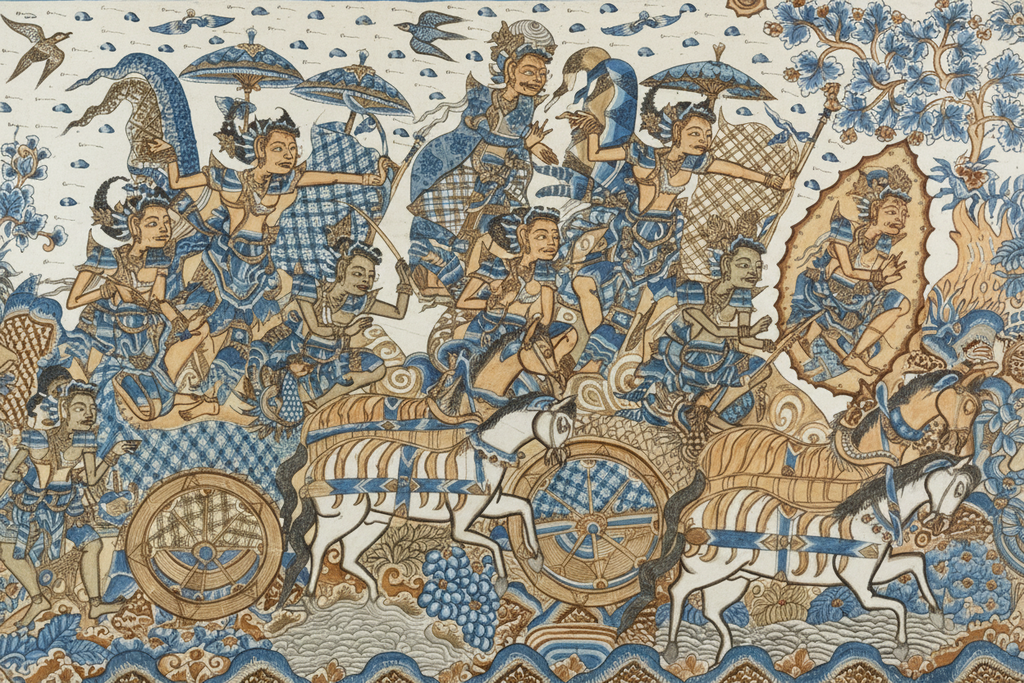 Balinese Kamasan Wayang Textile Painting – Hindu Mythology Chariot Procession