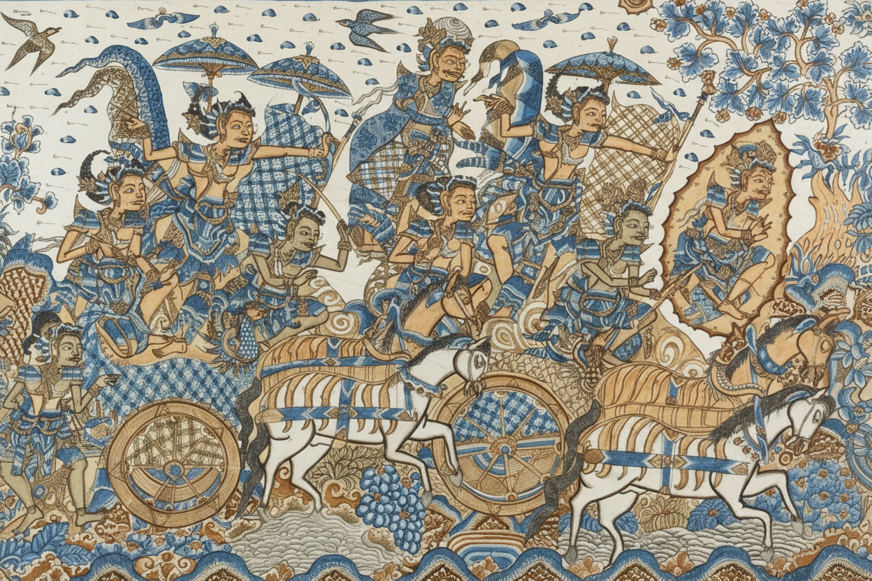 Balinese Kamasan Wayang Textile Painting – Hindu Mythology Chariot Procession
