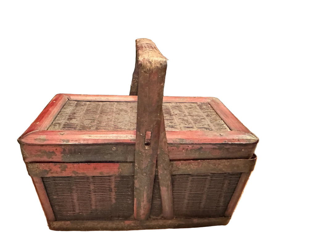 Pair of Antique Chinese Red Lacquer Bamboo Food Baskets, Late Qing–Republic Period