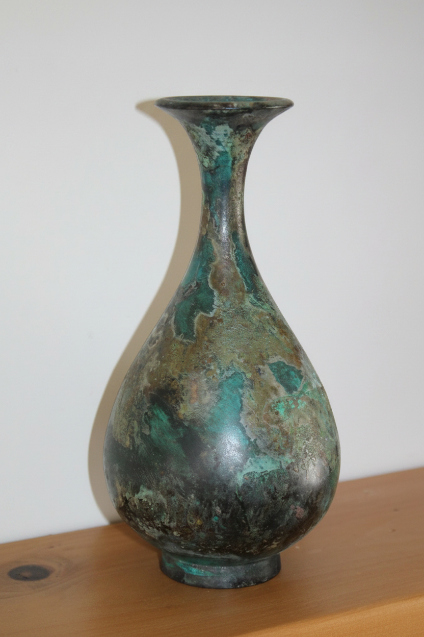 Japanese Studio Pottery Bottle Vase – Verdigris Metallic Glaze & Stamped Seal Mark (8.25")