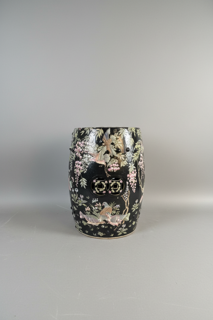 Vintage Macau Porcelain Garden Seat with Birds & Wisteria