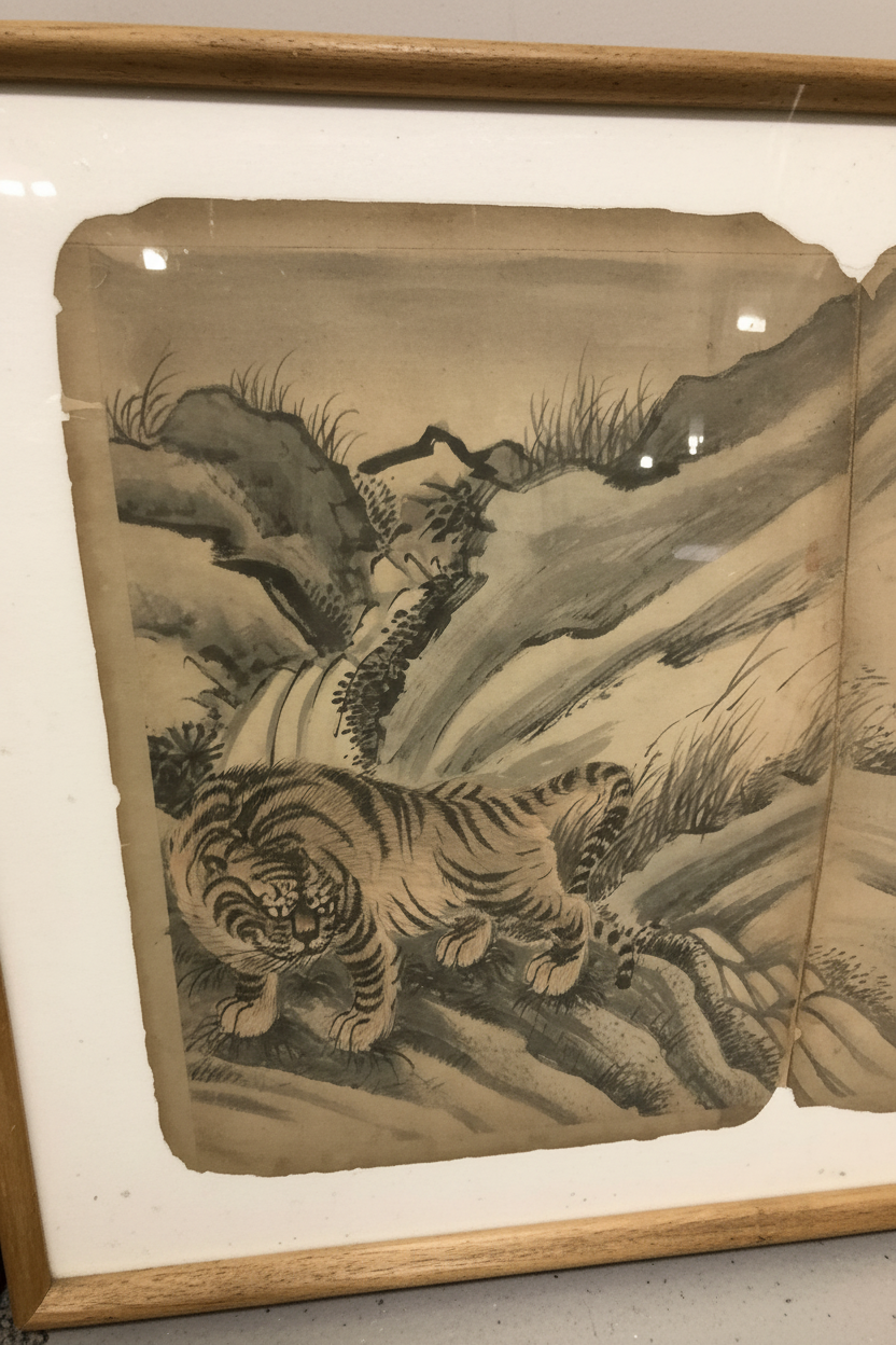 18th C. Chinese Ink & Wash Album Leaves – Tigers in Mountain Landscapes (Set of 3 Framed)