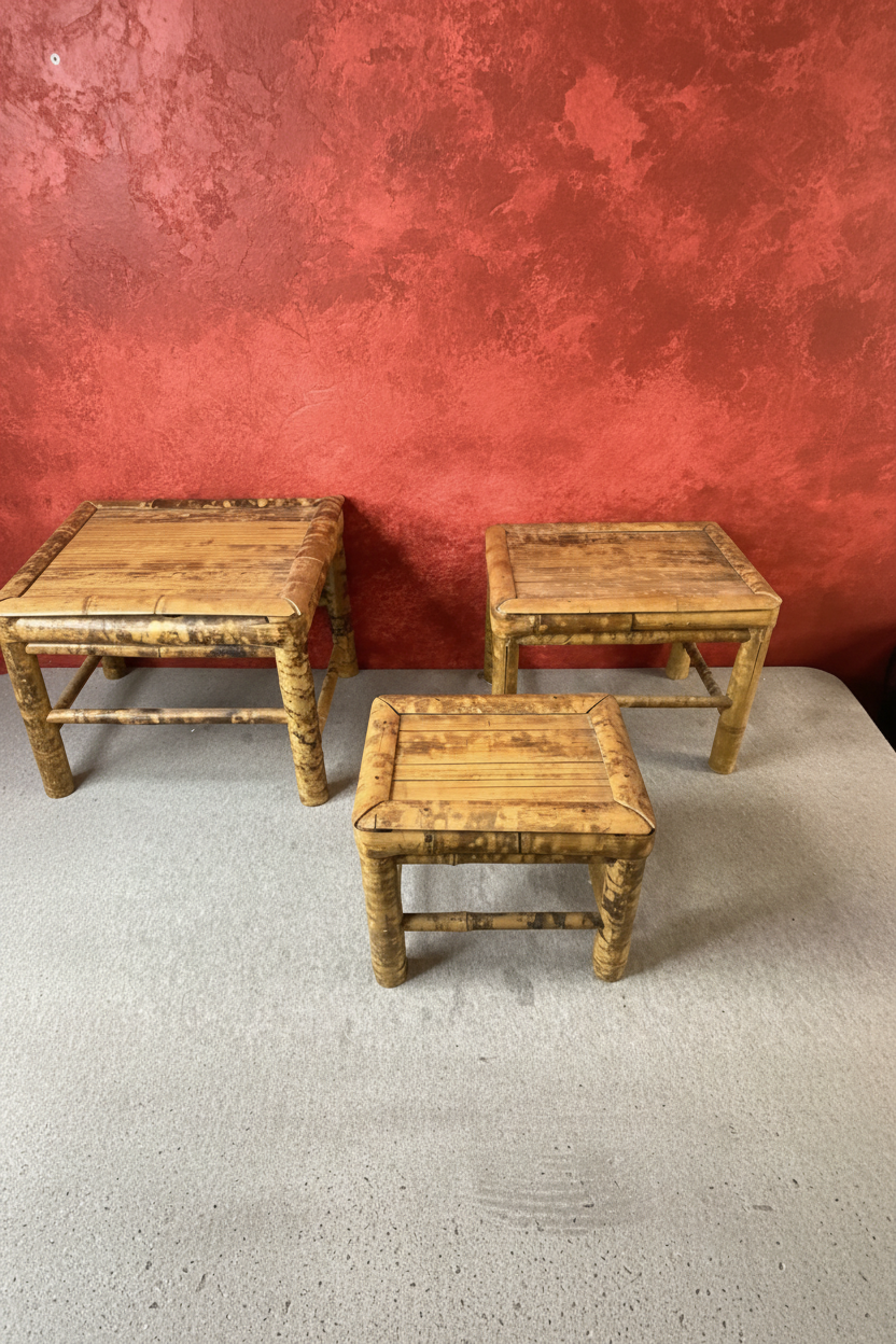 Vintage Tortoiseshell Burnt Bamboo Nesting Tables – Set of Three, c. 1960