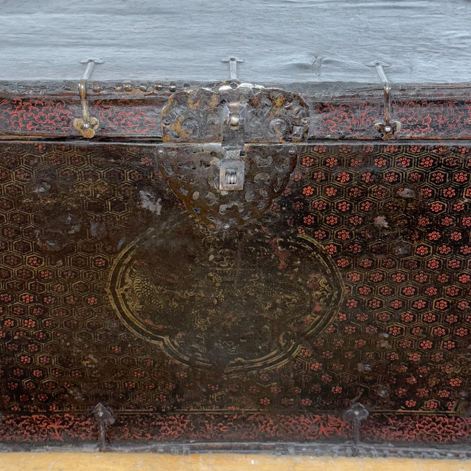 19th Century Tibetan Painted Leather-Clad Trunk with Iron Fittings
