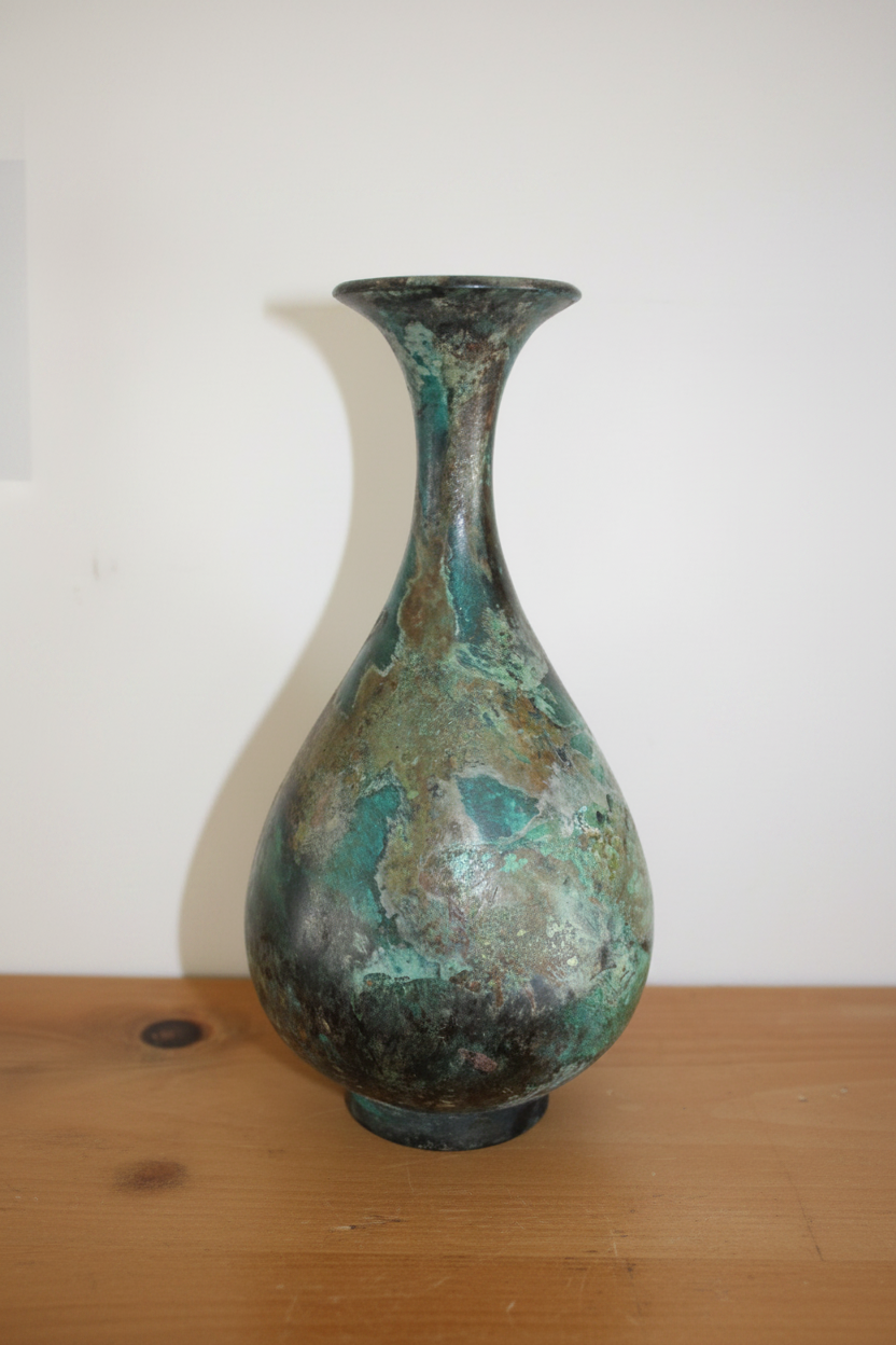 Japanese Studio Pottery Bottle Vase – Verdigris Metallic Glaze & Stamped Seal Mark (8.25")