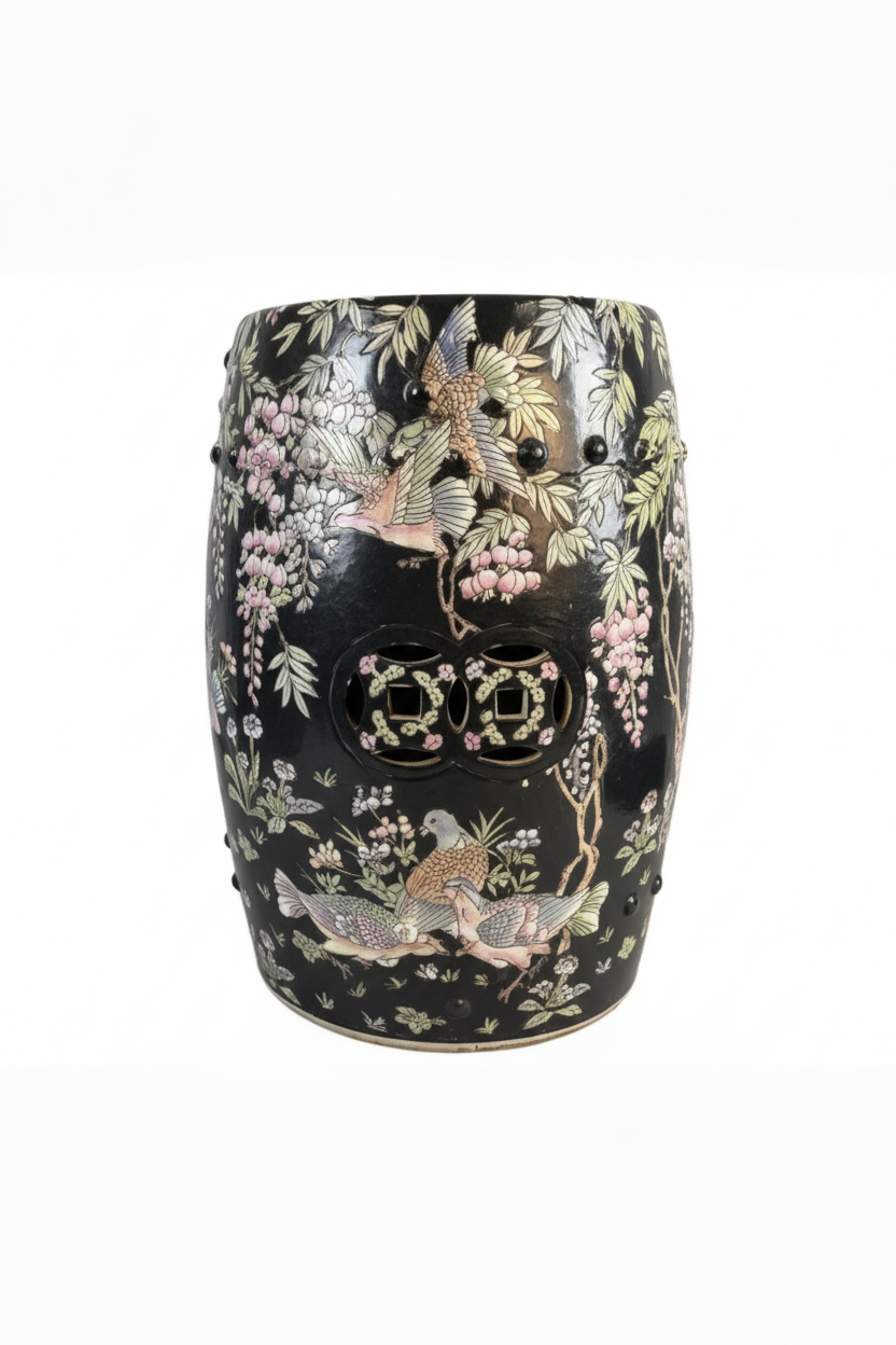 Vintage Macau Porcelain Garden Seat with Birds & Wisteria