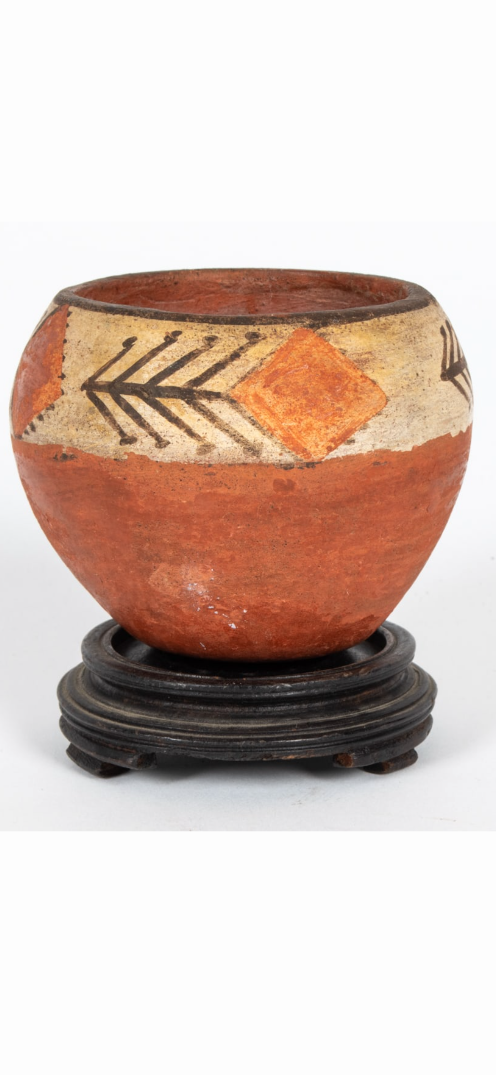 Small Southwestern Polychrome Terracotta Vessel with Wood Stand