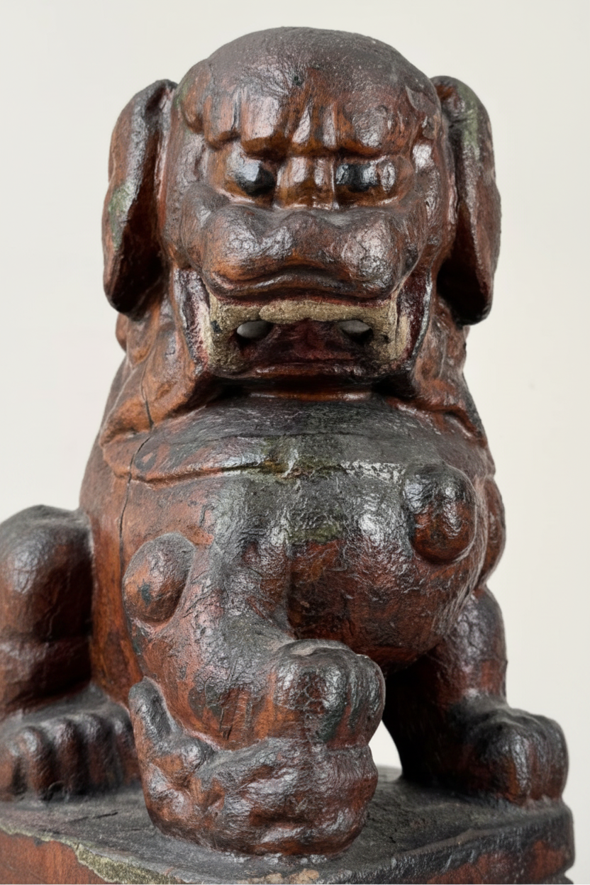 Pair of Antique Chinese Lacquered Wood Guardian Lions (Foo Dogs) - 16"
