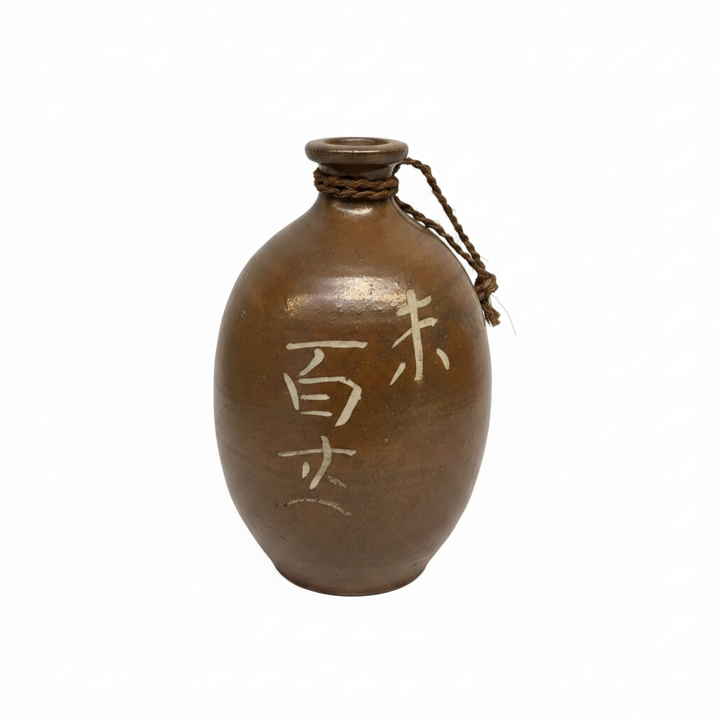 Antique Japanese Stoneware Sake Merchant Bottle with Calligraphy, Meiji Period