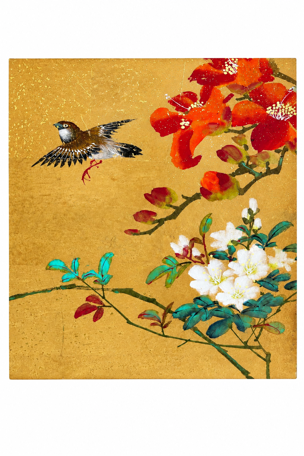 Vintage Japanese-Style Four-Panel Folding Screen with Birds and Blossoms