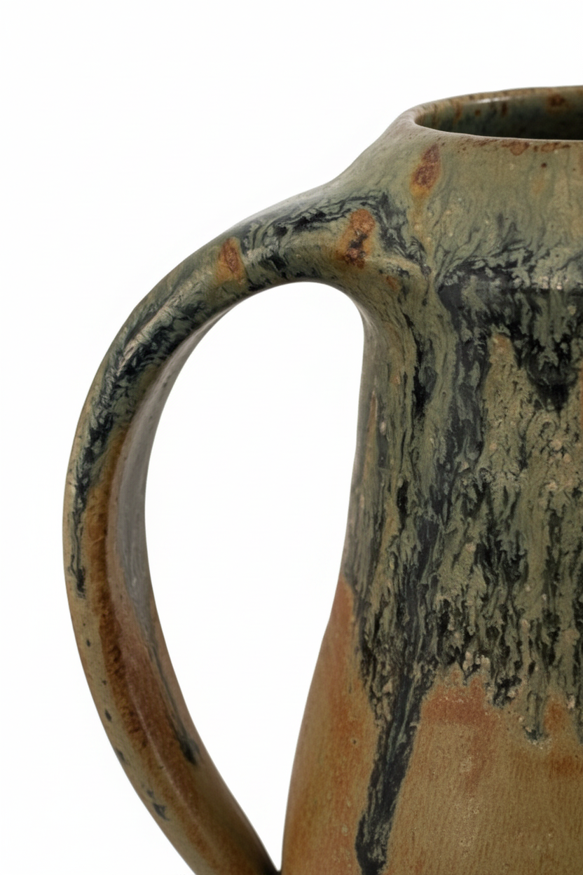 Large Signed Studio Pottery Pitcher with Blue-Green Drip Glaze, 20th Century