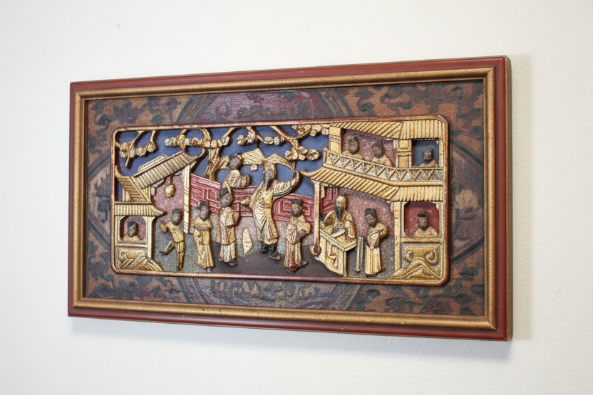 Antique Chinese Gilt Polychrome Wood Carving Wall Plaque – Late Qing / Early Republic