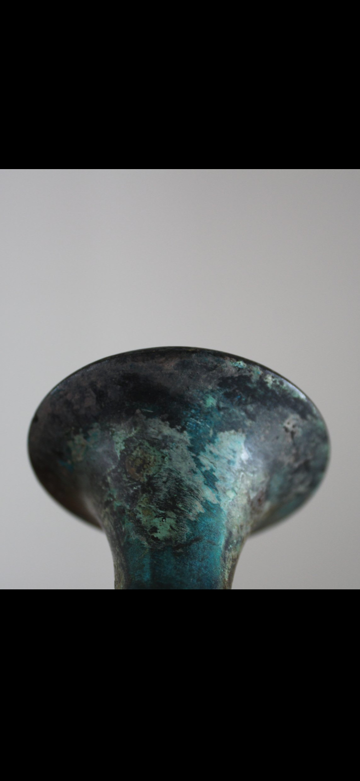 Japanese Studio Pottery Bottle Vase – Verdigris Metallic Glaze & Stamped Seal Mark (8.25")
