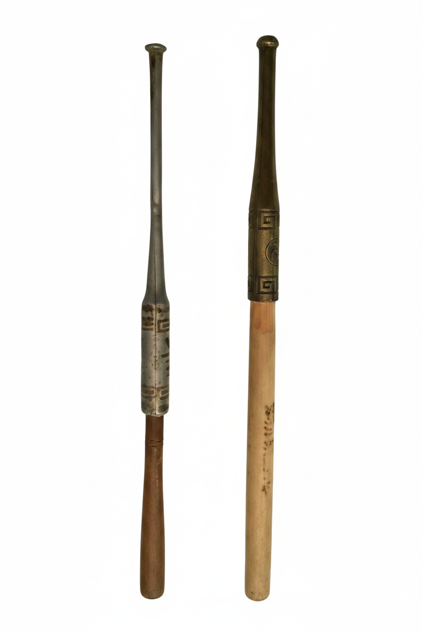 Pair of Antique Late Qing / Republic Period Chinese Bamboo & Engraved Brass Long Pipes (24")