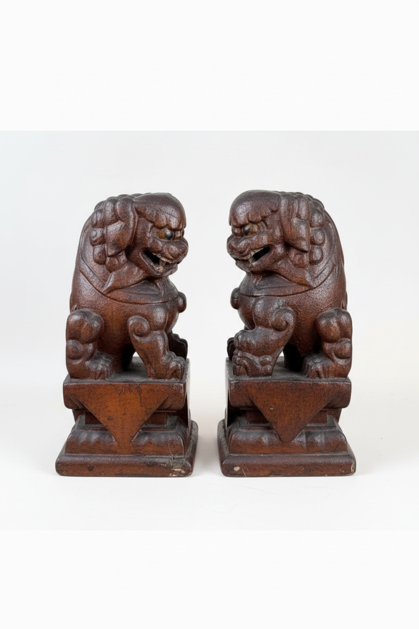 Pair of Antique Chinese Lacquered Wood Guardian Lions (Foo Dogs) - 16"