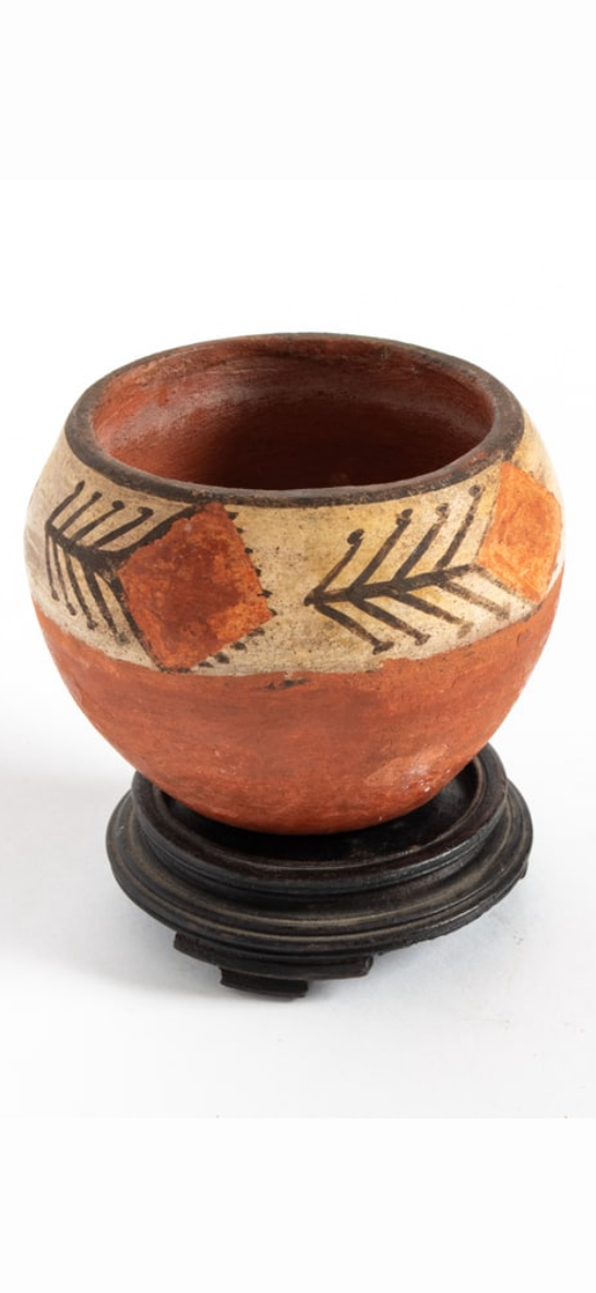Small Southwestern Polychrome Terracotta Vessel with Wood Stand