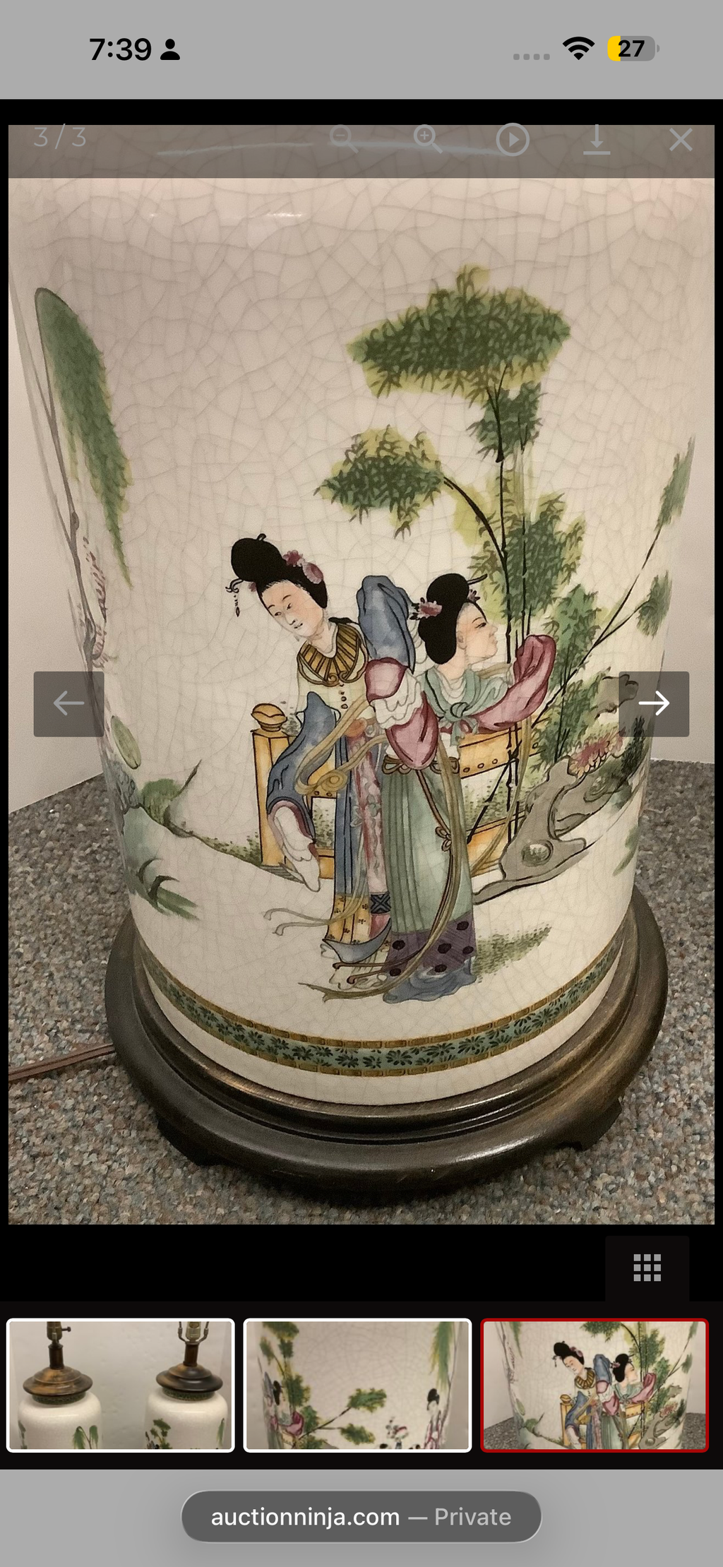 Pair of 20th-Century Chinese Crackle Glaze Porcelain Lamps with Figural Garden Scene