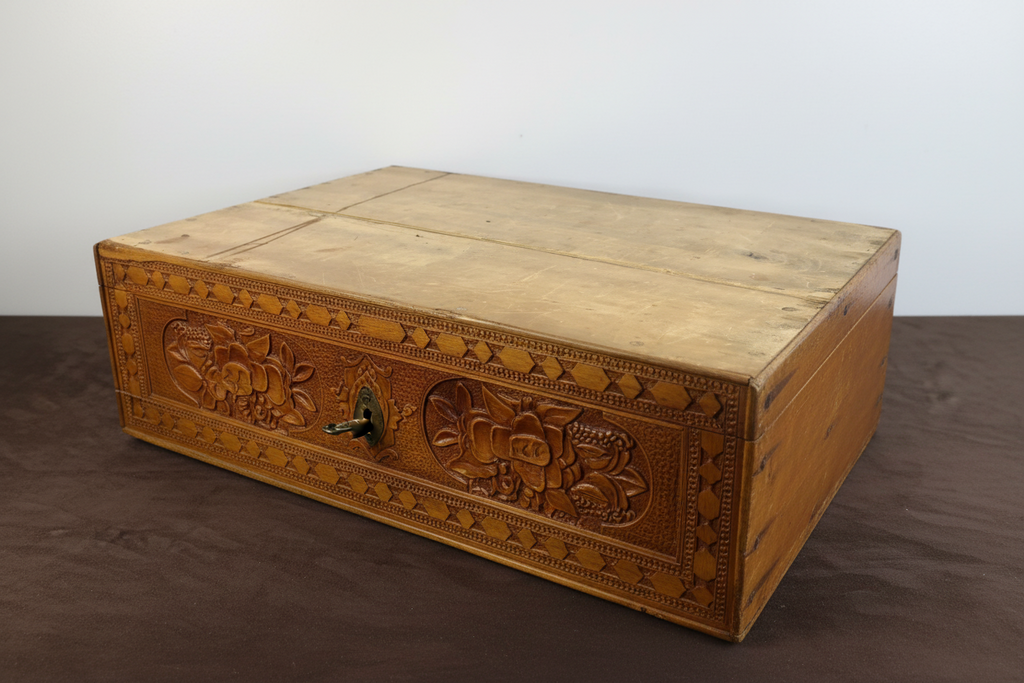 Anglo-Indian Hand-Carved Wood Jewelry Box with Key – Relief Floral & Beast Carvings, Inlay Trim (~18")