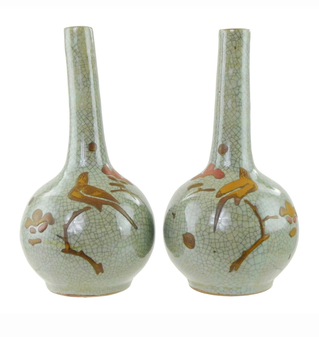 Fine Pair of Japanese Grey Crackle and Enamel Awaji Bottle Vases Early 20th C. (Circa 1910)