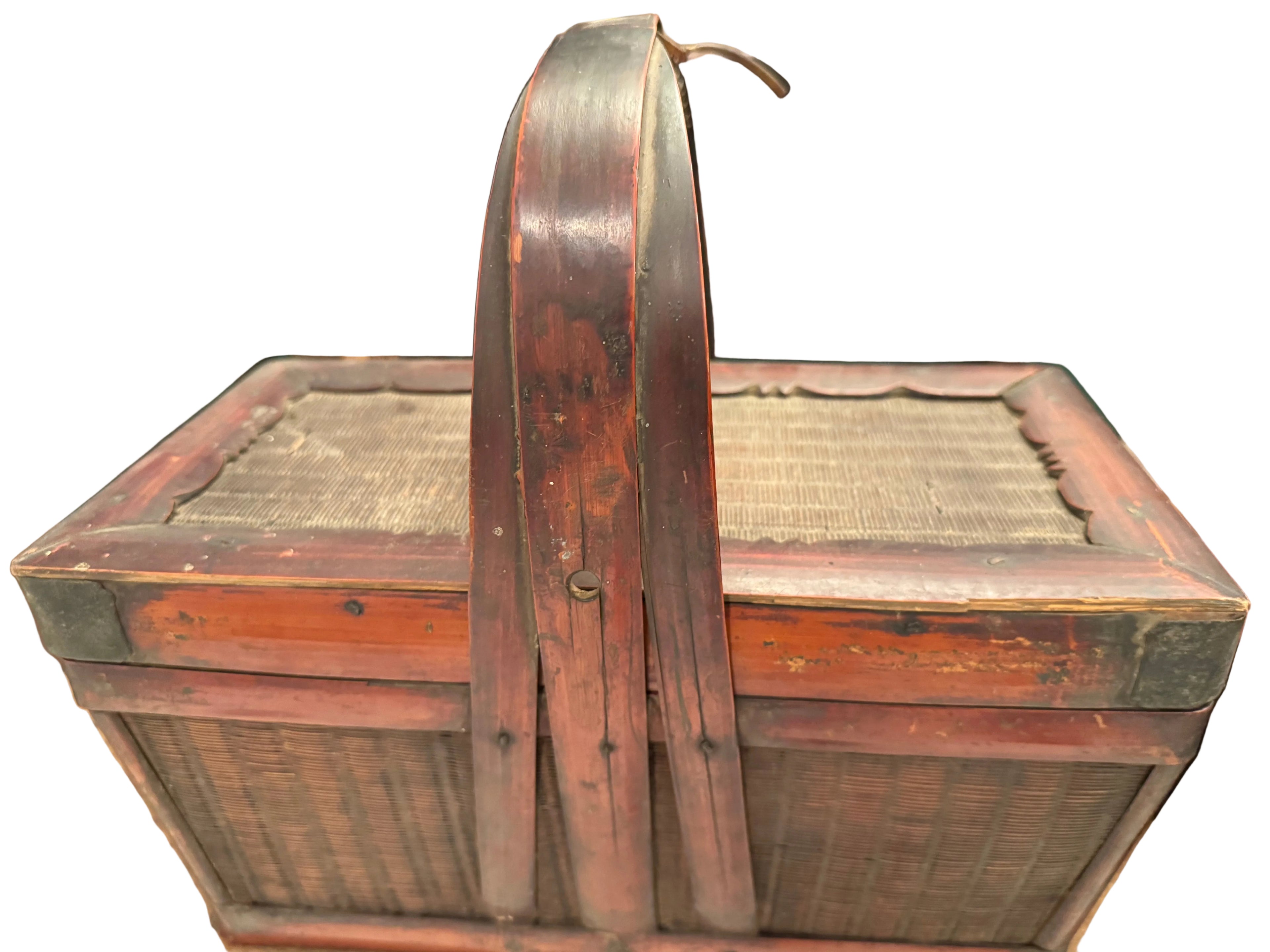 Pair of Antique Chinese Red Lacquer Bamboo Food Baskets, Late Qing–Republic Period