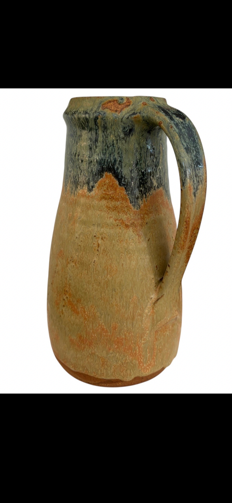 Large Signed Studio Pottery Pitcher with Blue-Green Drip Glaze, 20th Century
