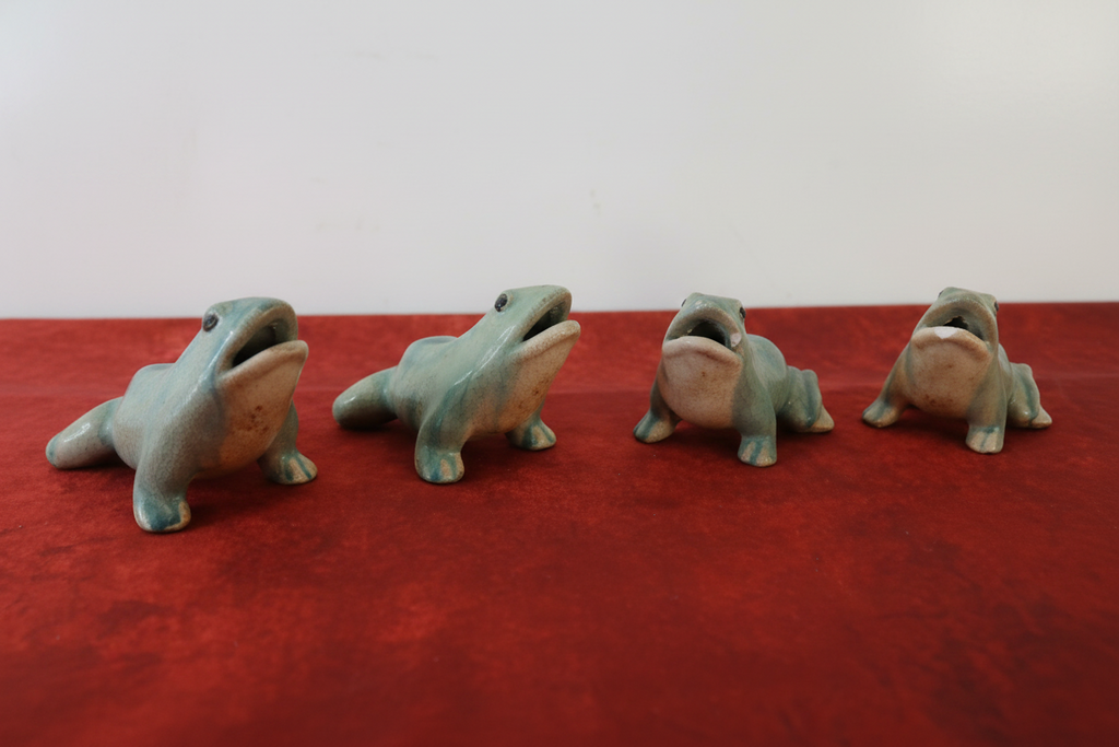 Vintage Asian Turquoise Celadon Crackle-Glaze Ceramic Frog Figurines - Set of 4