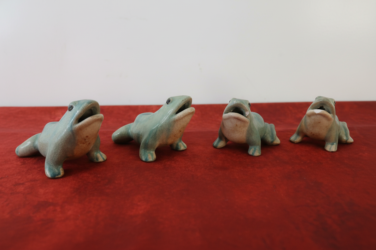 Vintage Asian Turquoise Celadon Crackle-Glaze Ceramic Frog Figurines - Set of 4