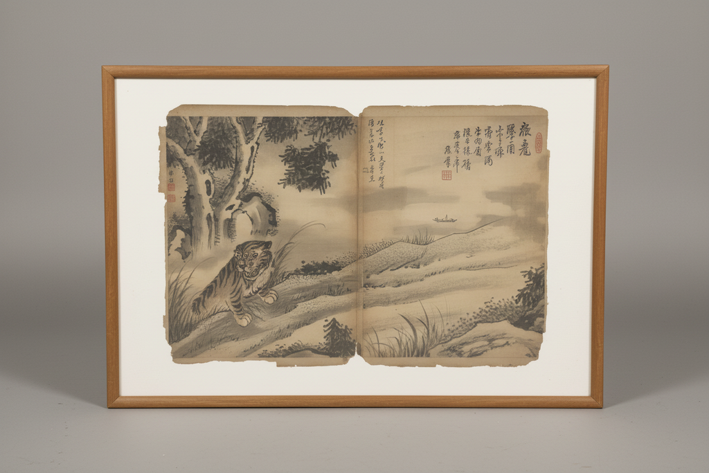 18th C. Chinese Ink & Wash Album Leaves – Tigers in Mountain Landscapes (Set of 3 Framed)
