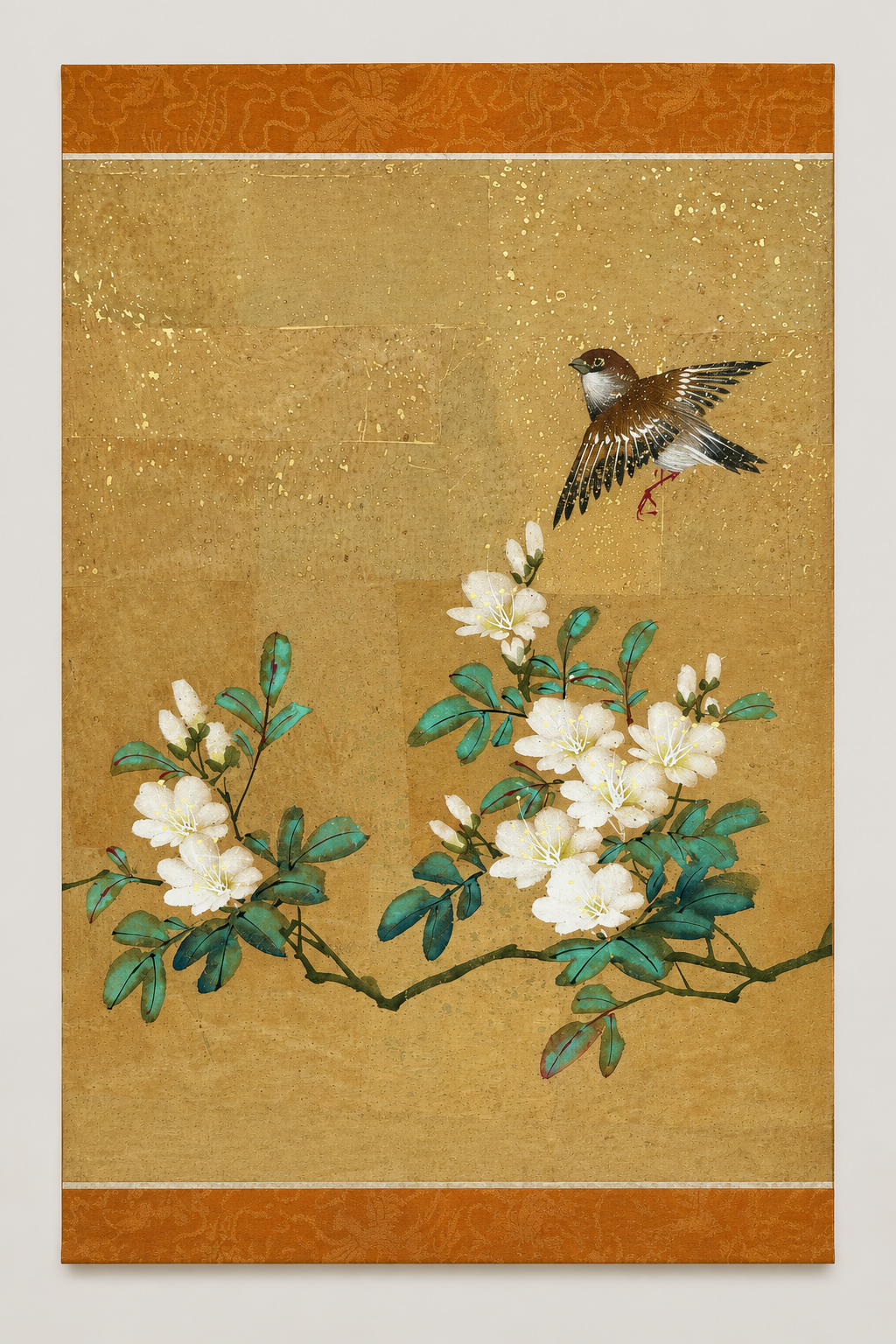 Vintage Japanese-Style Four-Panel Folding Screen with Birds and Blossoms