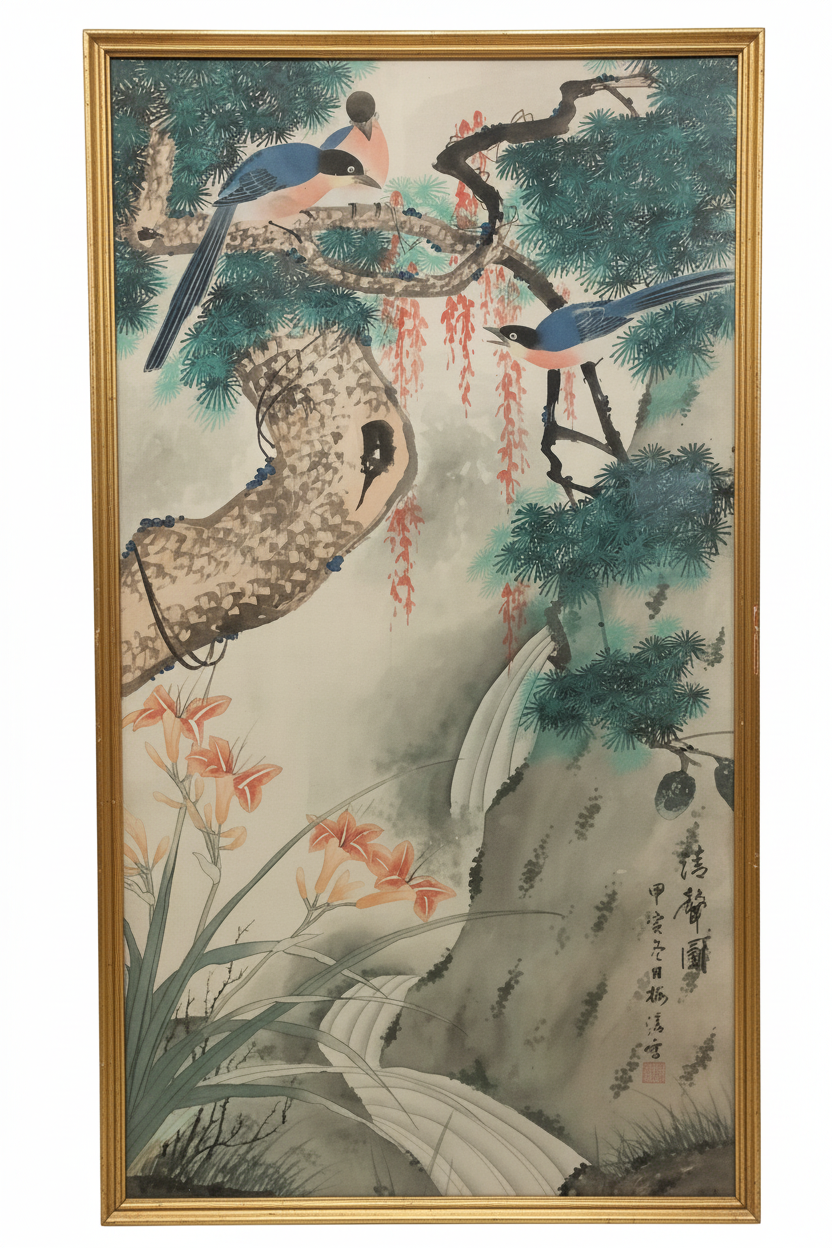 Vintage Mid-Century Framed Chinese Ink & Wash Painting – Sound of the Waterfall (濤聲圖)