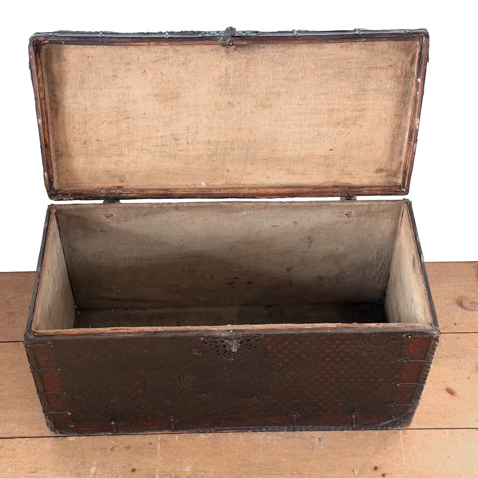 19th Century Tibetan Painted Leather-Clad Trunk with Iron Fittings